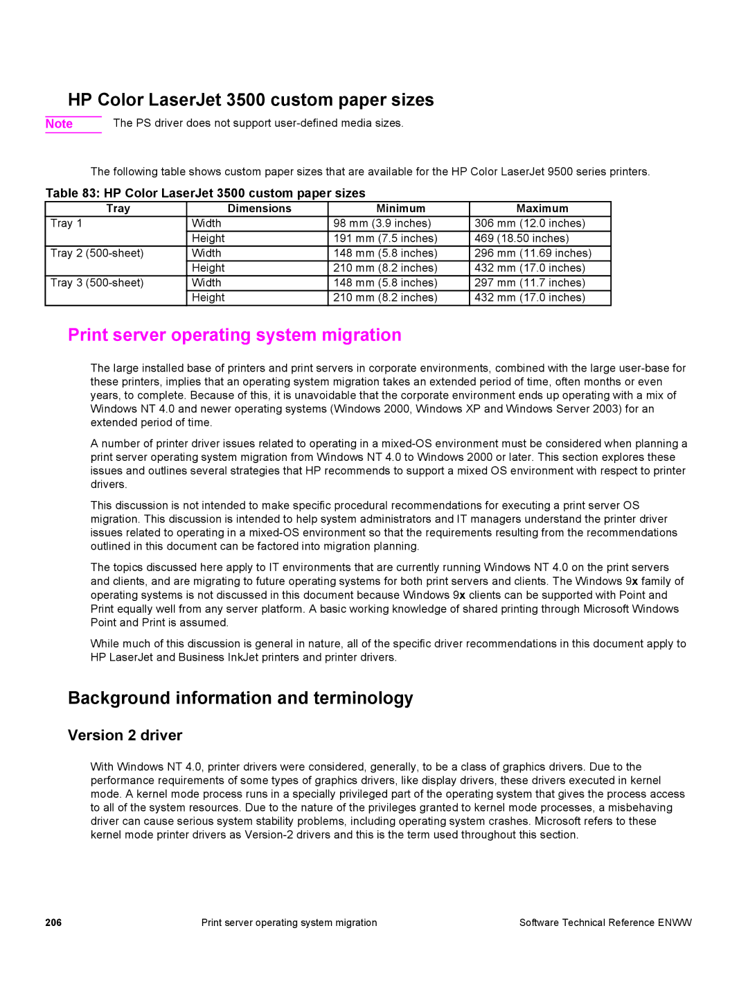 HP 3500 3500 manual HP Color LaserJet 3500 custom paper sizes, Print server operating system migration, Version 2 driver 