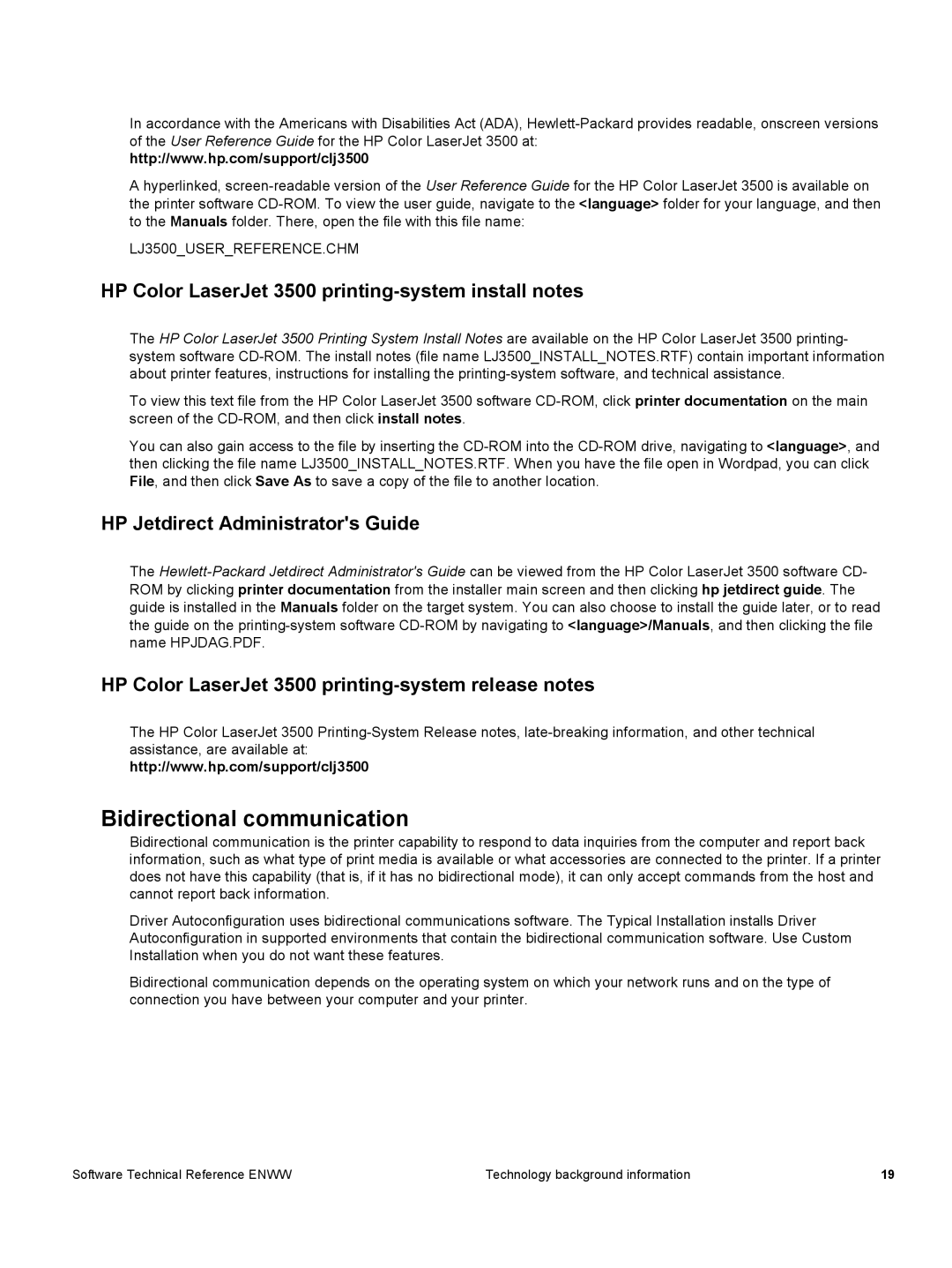 HP 3500 3500 Bidirectional communication, HP Color LaserJet 3500 printing-system install notes, LJ3500USERREFERENCE.CHM 