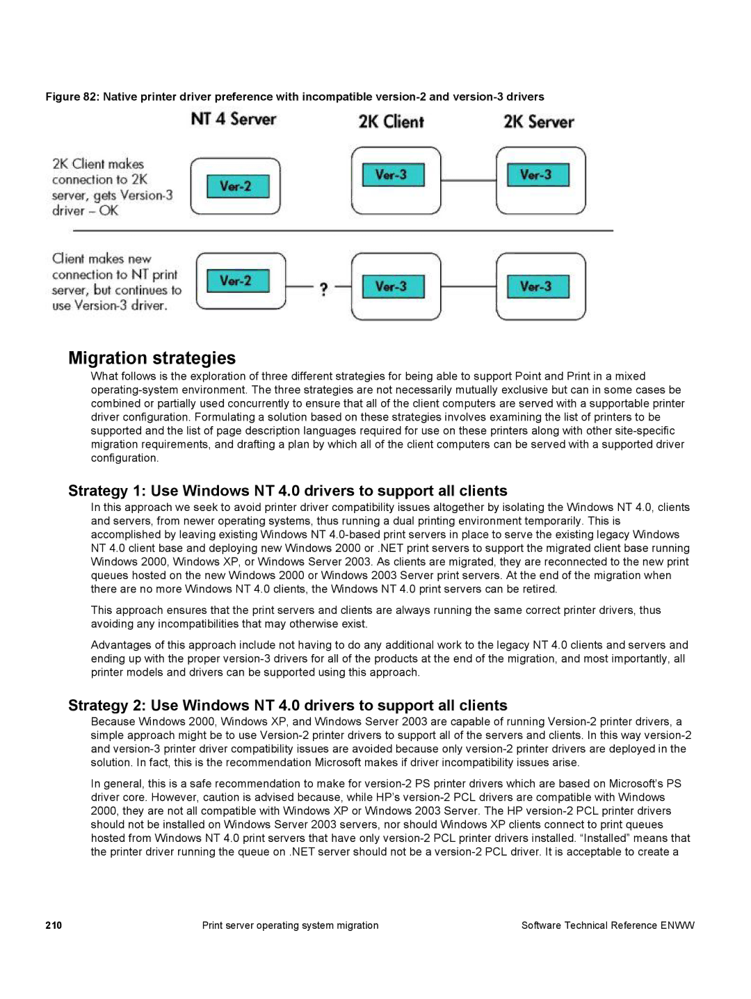 HP 3500 3500 manual Migration strategies, Strategy 1 Use Windows NT 4.0 drivers to support all clients 