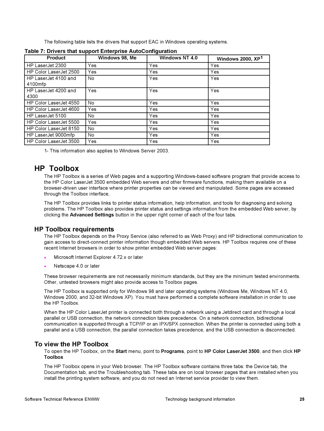 HP 3500 3500 manual HP Toolbox requirements, To view the HP Toolbox, Drivers that support Enterprise AutoConfiguration 