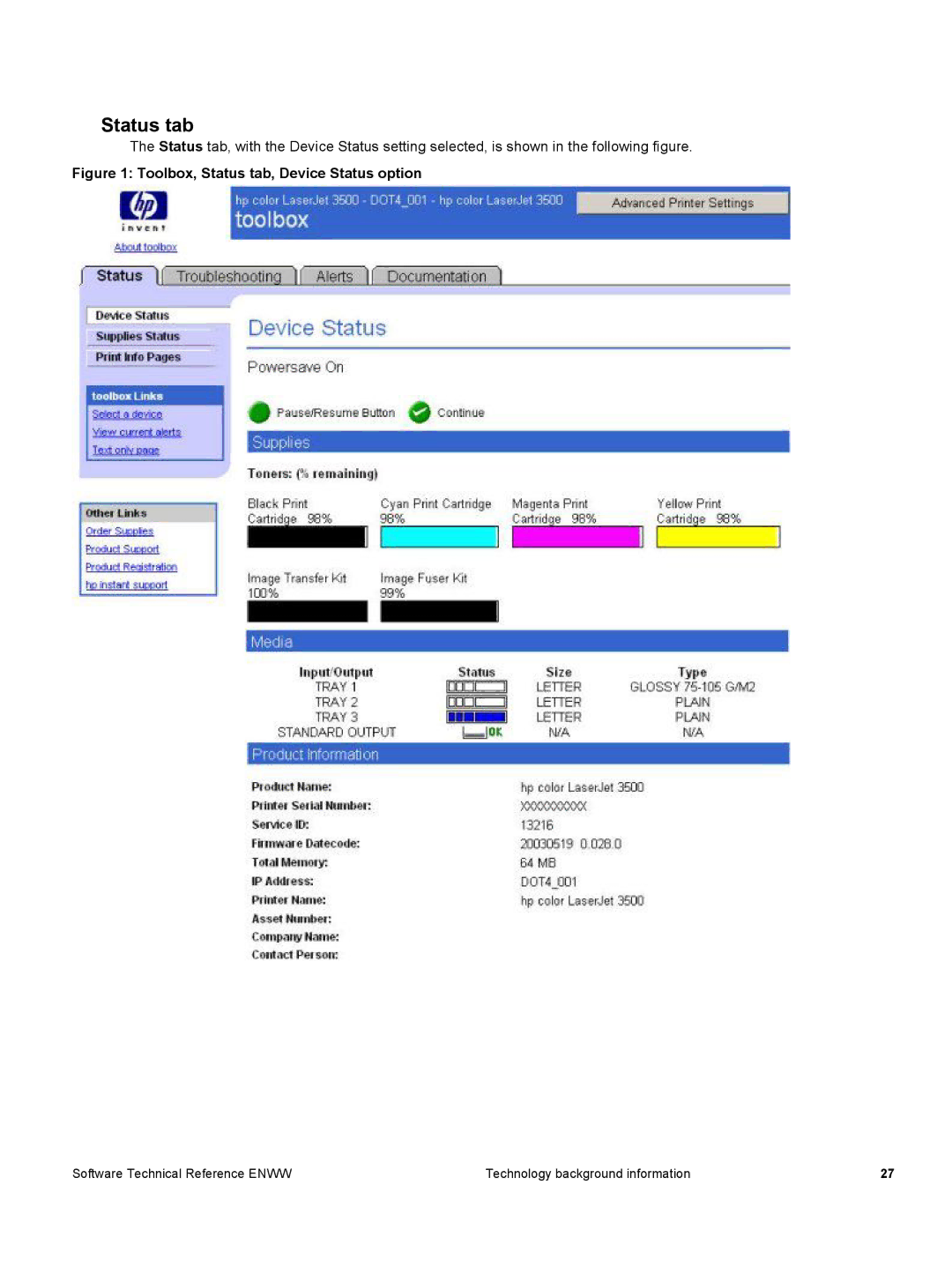 HP 3500 3500 manual Toolbox, Status tab, Device Status option 