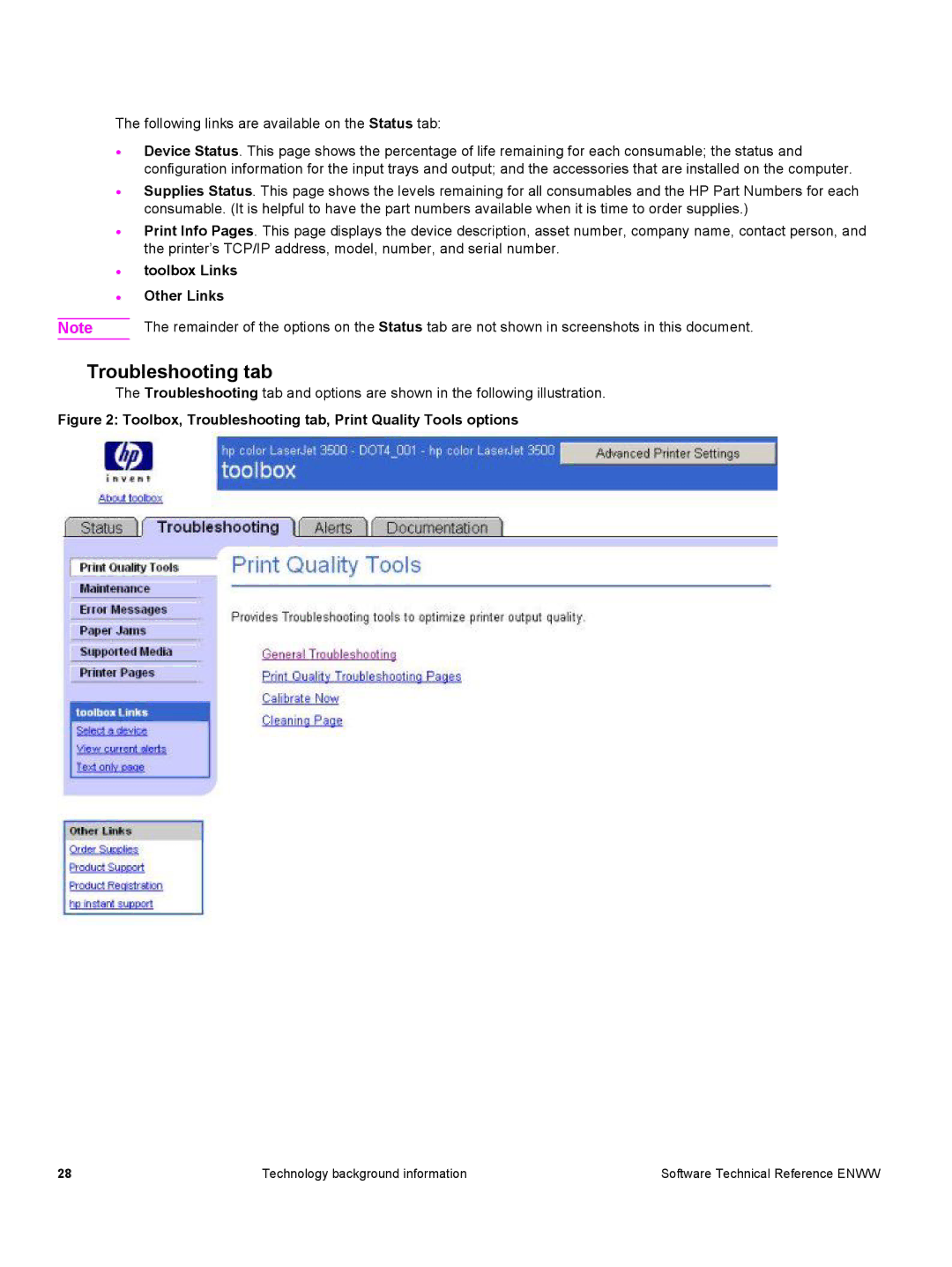 HP 3500 3500 manual Troubleshooting tab, Toolbox Links Other Links 