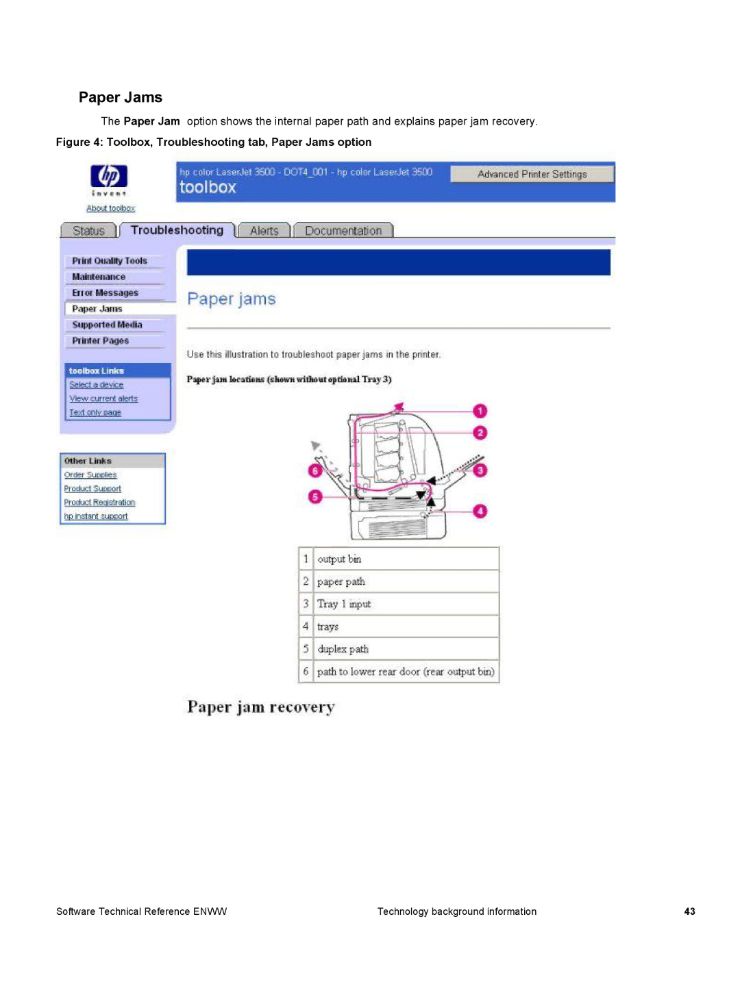 HP 3500 3500 manual Toolbox, Troubleshooting tab, Paper Jams option 