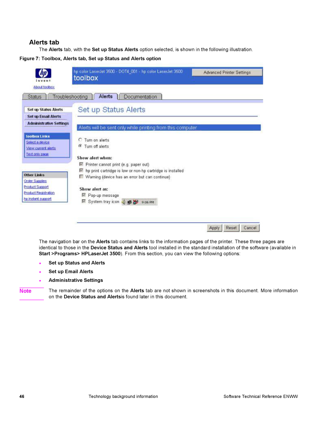HP 3500 3500 manual Toolbox, Alerts tab, Set up Status and Alerts option 