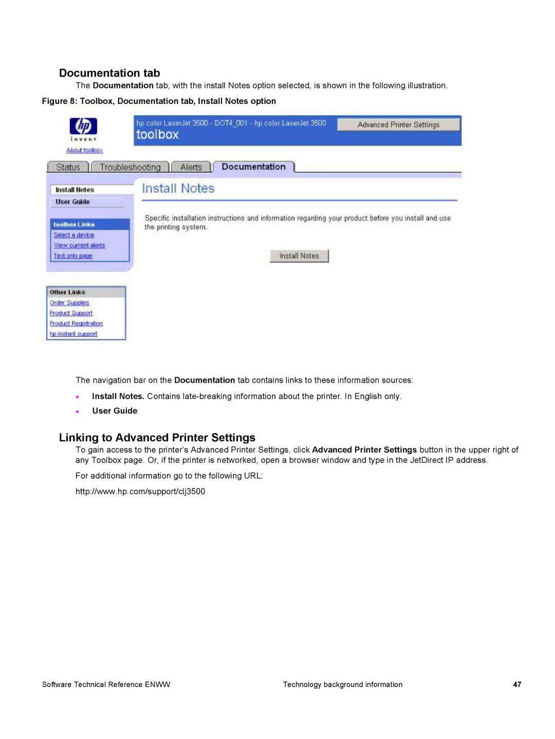 HP 3500 3500 manual Documentation tab, Linking to Advanced Printer Settings, User Guide 