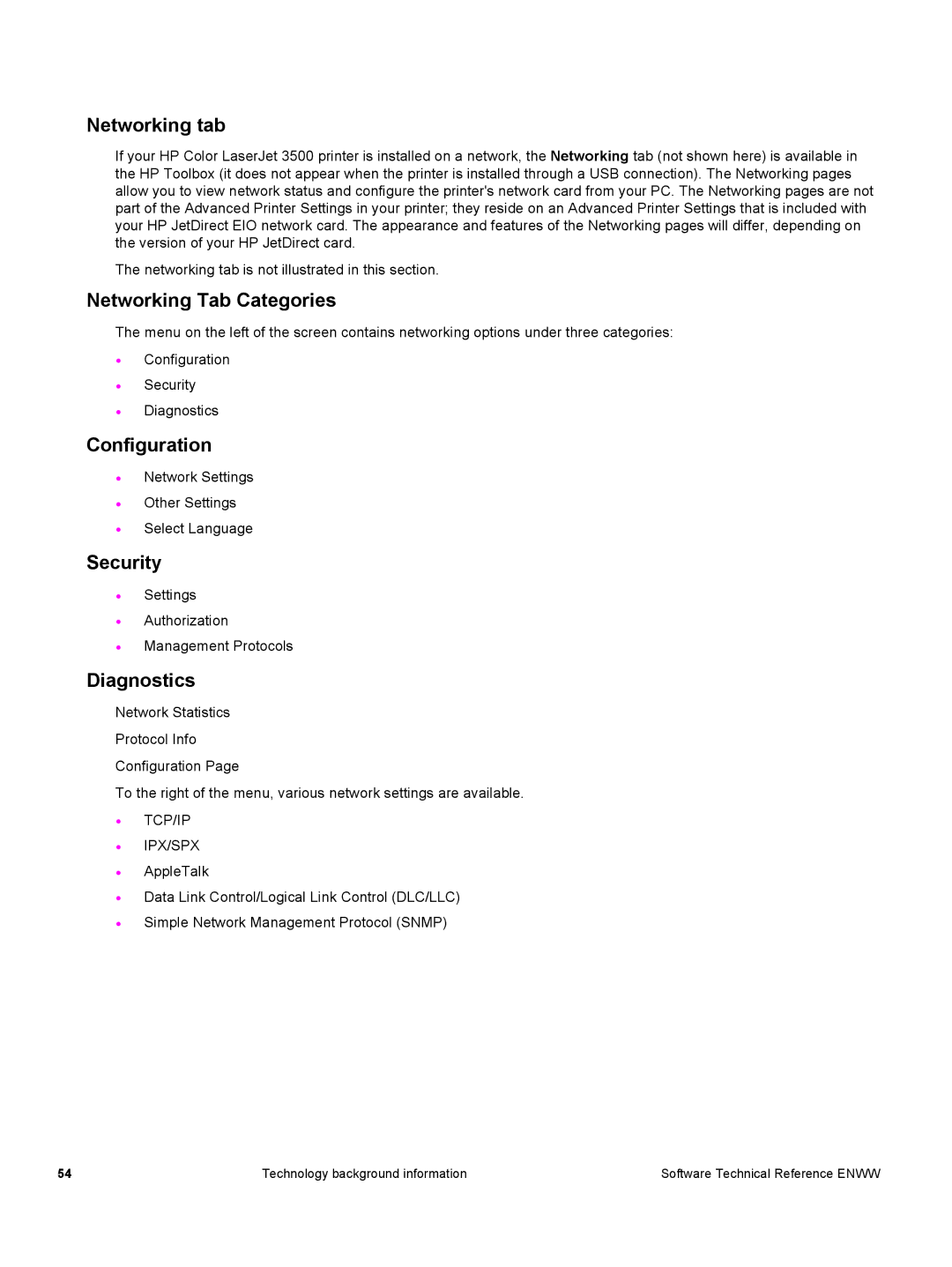 HP 3500 3500 manual Networking tab, Networking Tab Categories, Security, Diagnostics 