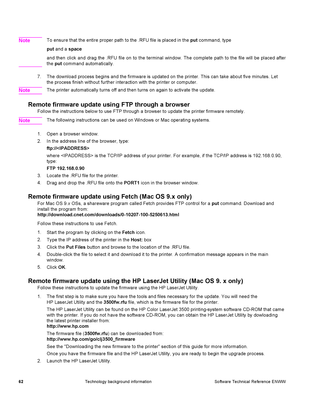 HP 3500 3500 Remote firmware update using FTP through a browser, Remote firmware update using Fetch Mac OS 9.x only, Ftp 