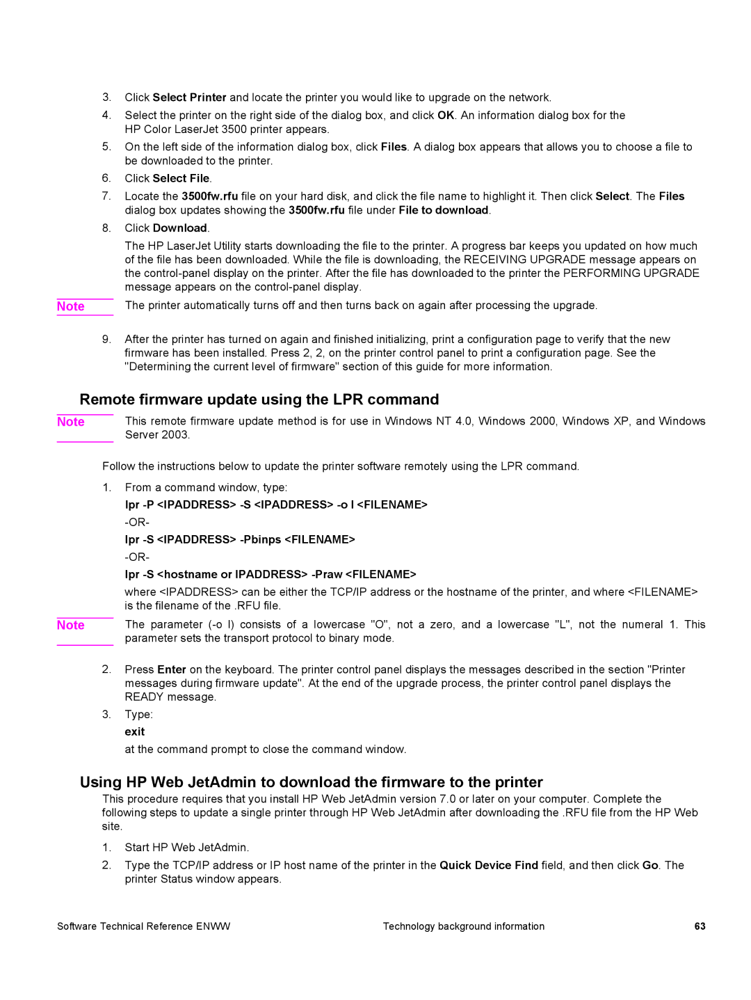 HP 3500 3500 manual Remote firmware update using the LPR command, Click Select File, Click Download 