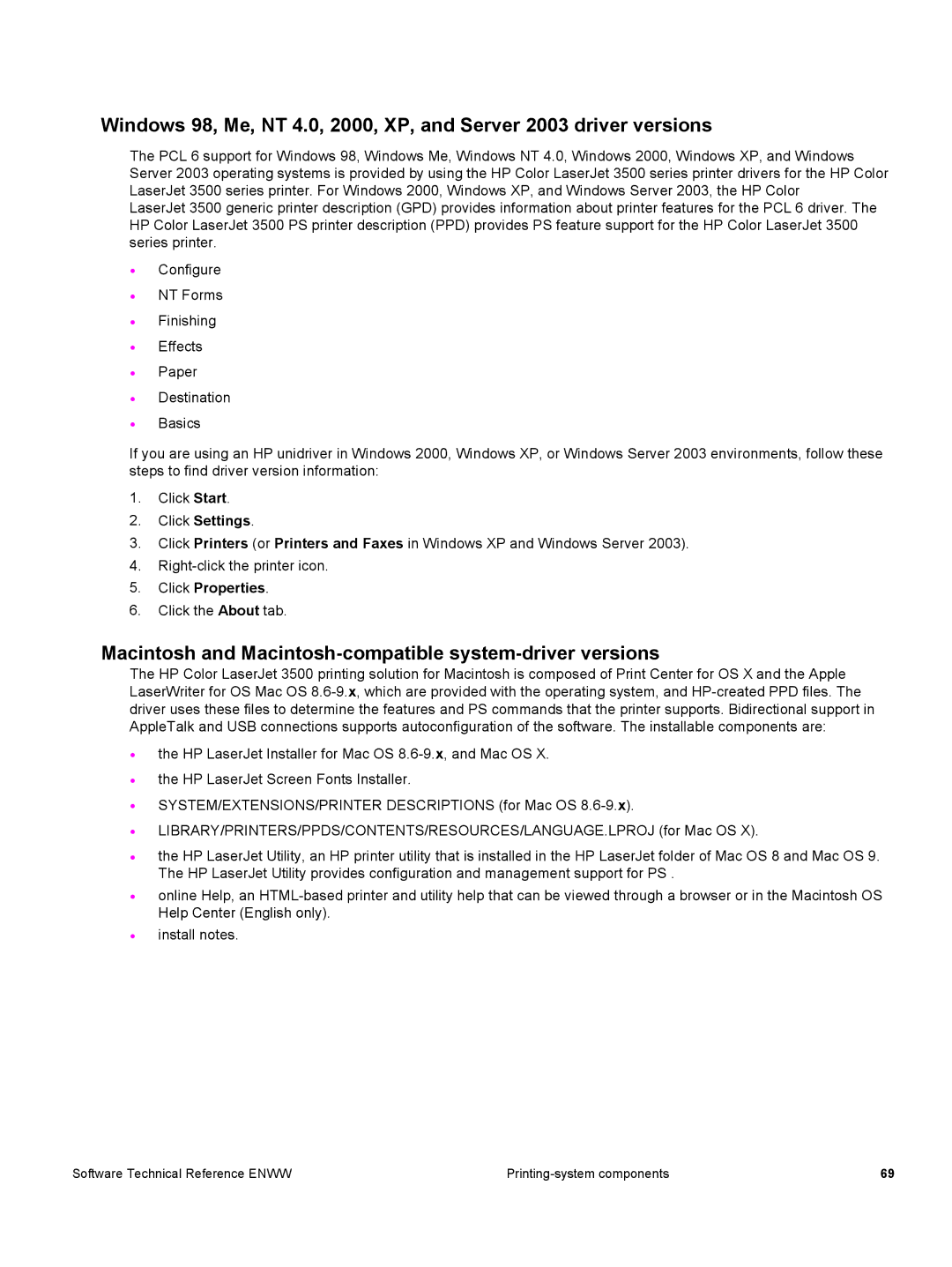 HP 3500 3500 manual Macintosh and Macintosh-compatible system-driver versions, Click Settings, Click Properties 