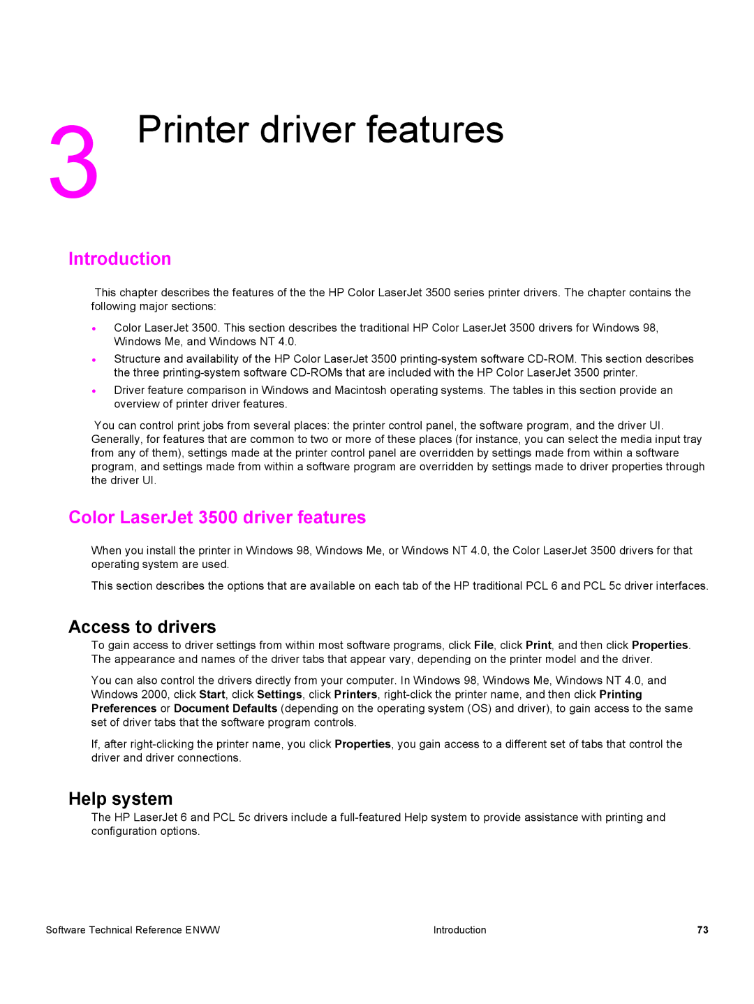 HP 3500 3500 manual Color LaserJet 3500 driver features, Access to drivers, Help system 