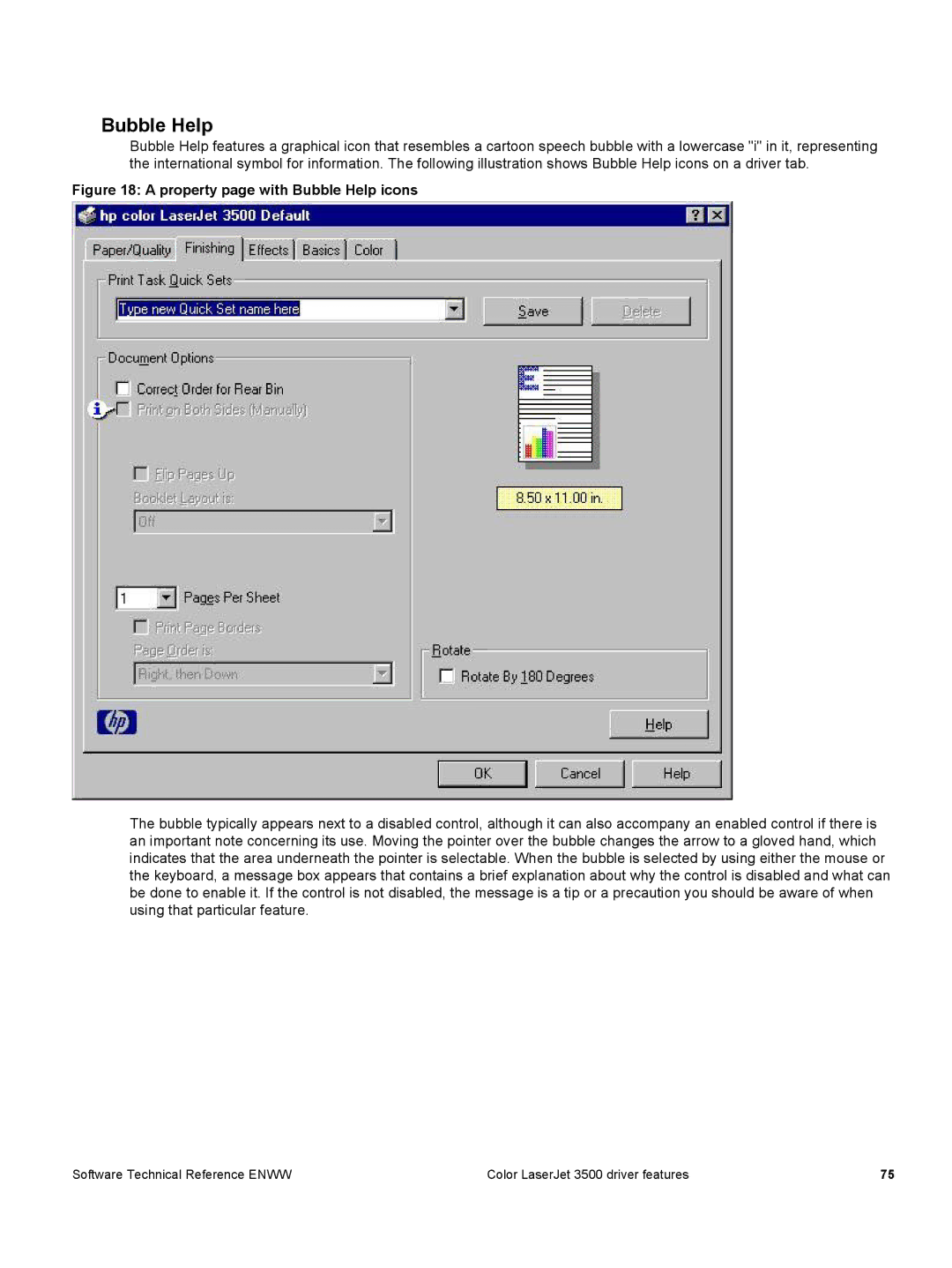 HP 3500 3500 manual Property page with Bubble Help icons 