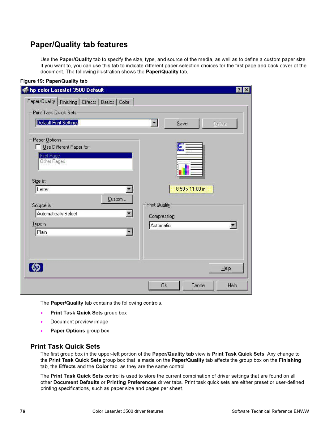 HP 3500 3500 manual Paper/Quality tab features, Print Task Quick Sets group box, Paper Options group box 