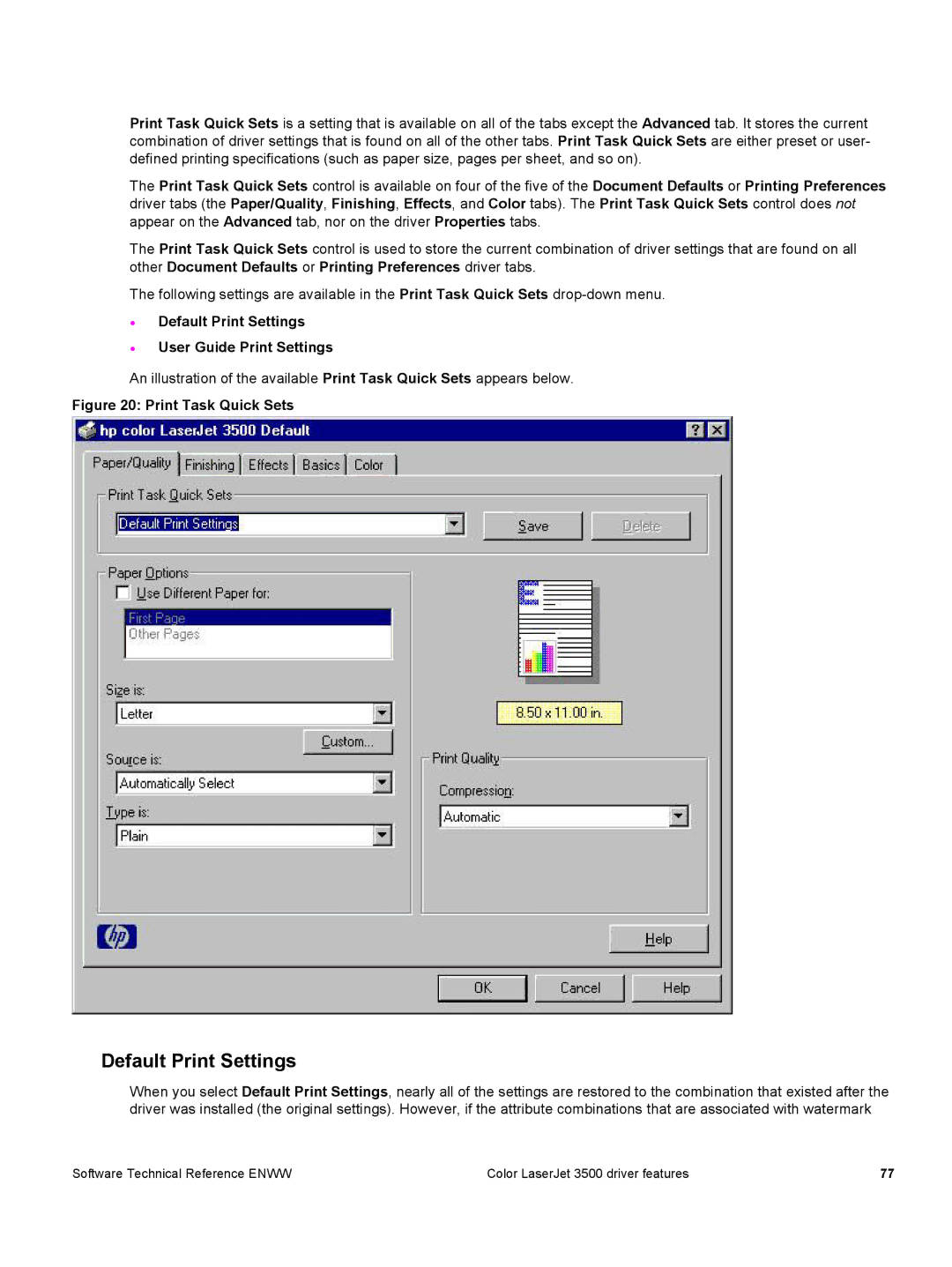 HP 3500 3500 manual Default Print Settings User Guide Print Settings 