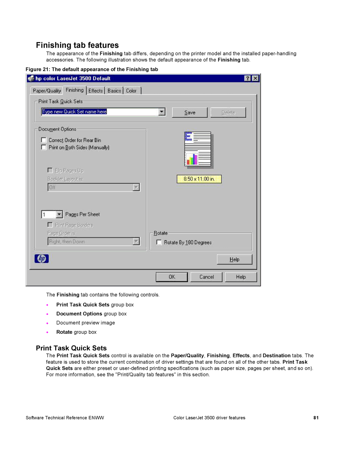 HP 3500 3500 manual Finishing tab features, Print Task Quick Sets group box Document Options group box 