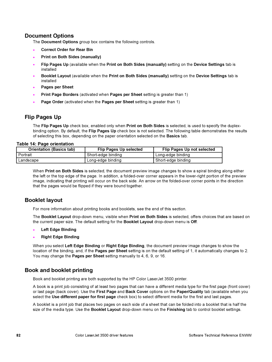 HP 3500 3500 manual Document Options, Flip Pages Up, Booklet layout, Book and booklet printing, Orientation 