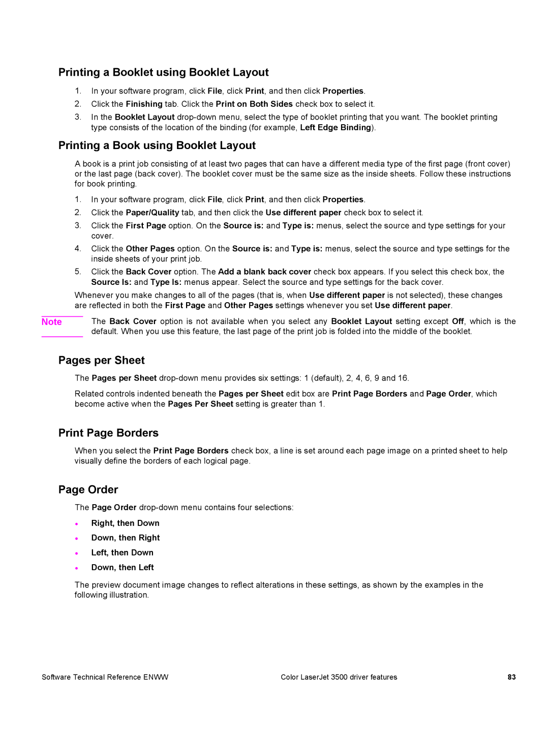 HP 3500 3500 manual Printing a Booklet using Booklet Layout, Printing a Book using Booklet Layout, Pages per Sheet, Order 