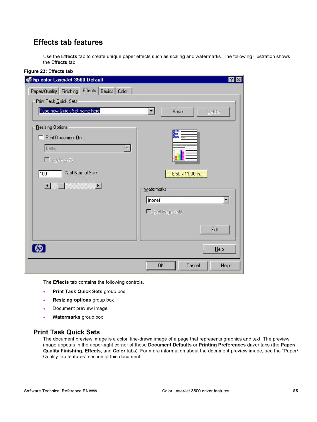 HP 3500 3500 manual Effects tab features, Print Task Quick Sets group box Resizing options group box, Watermarks group box 