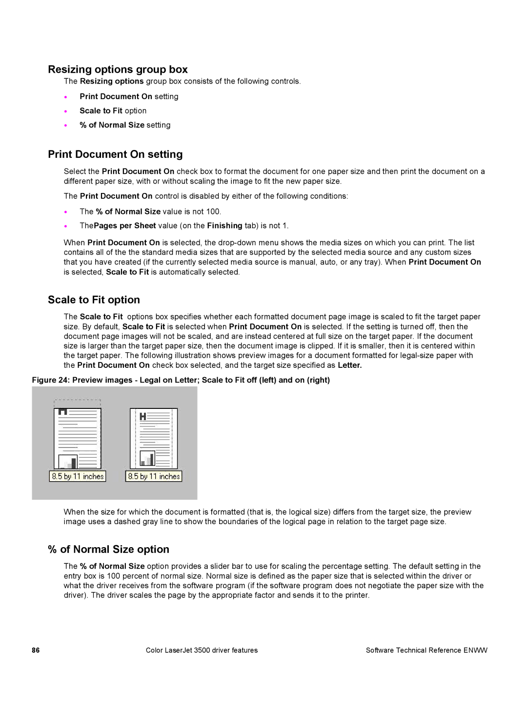 HP 3500 3500 manual Resizing options group box, Print Document On setting, Scale to Fit option, Normal Size option 