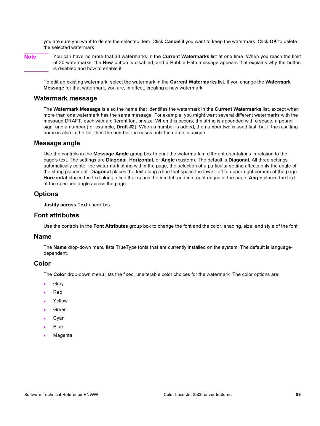 HP 3500 3500 manual Watermark message, Message angle, Options, Font attributes, Name, Color 