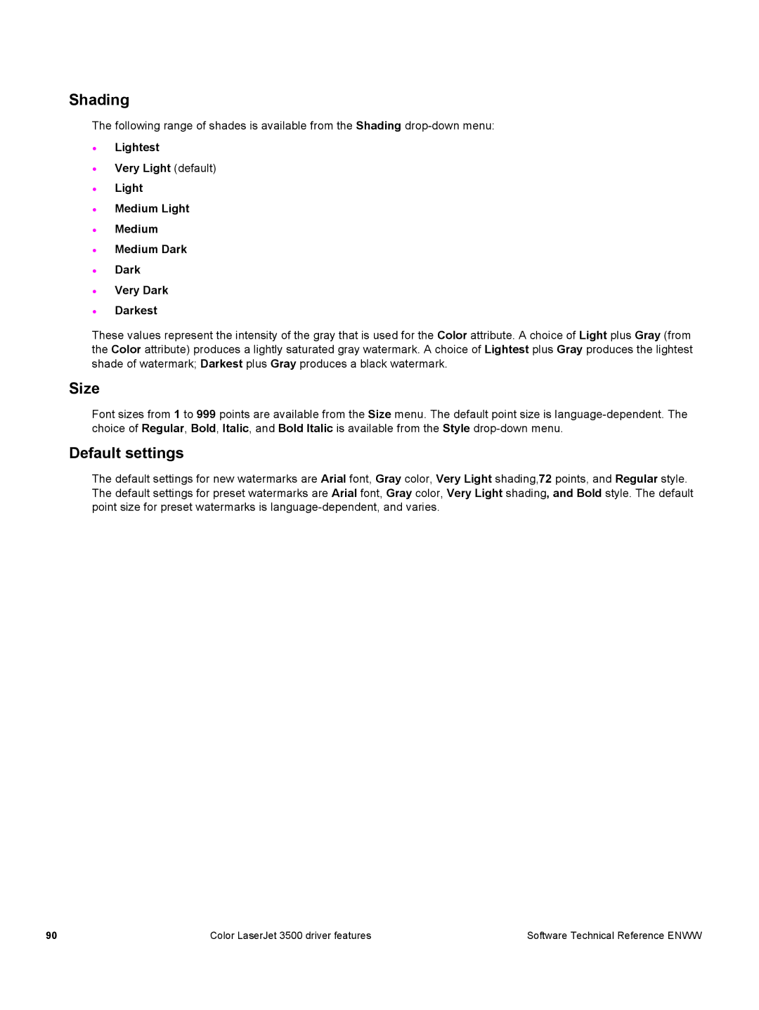 HP 3500 3500 manual Shading, Size, Default settings 