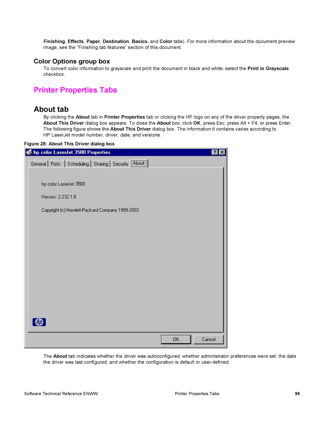 HP 3500 3500 manual Printer Properties Tabs, About tab, Color Options group box 