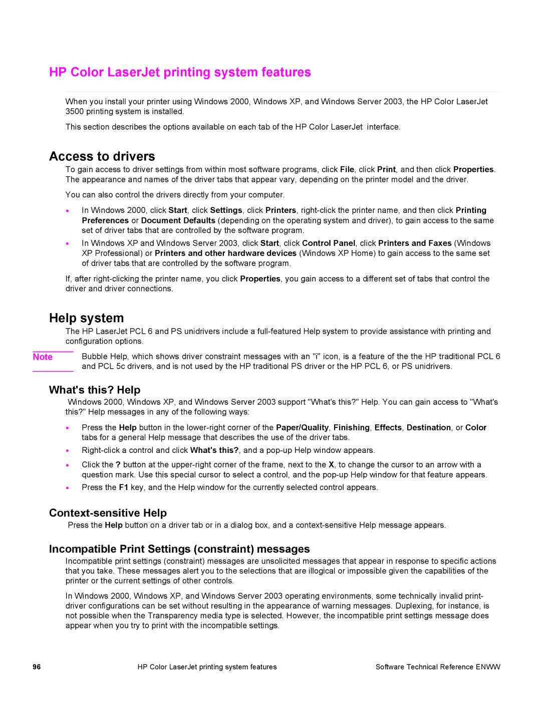 HP 3500 3500 manual HP Color LaserJet printing system features, Incompatible Print Settings constraint messages 