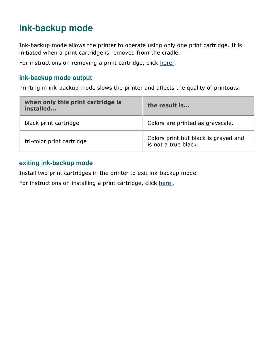 HP 3500 manual Ink-backup mode output, Exiting ink-backup mode 