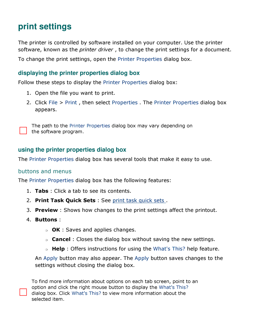 HP 3500 manual Print settings, Displaying the printer properties dialog box, Using the printer properties dialog box 