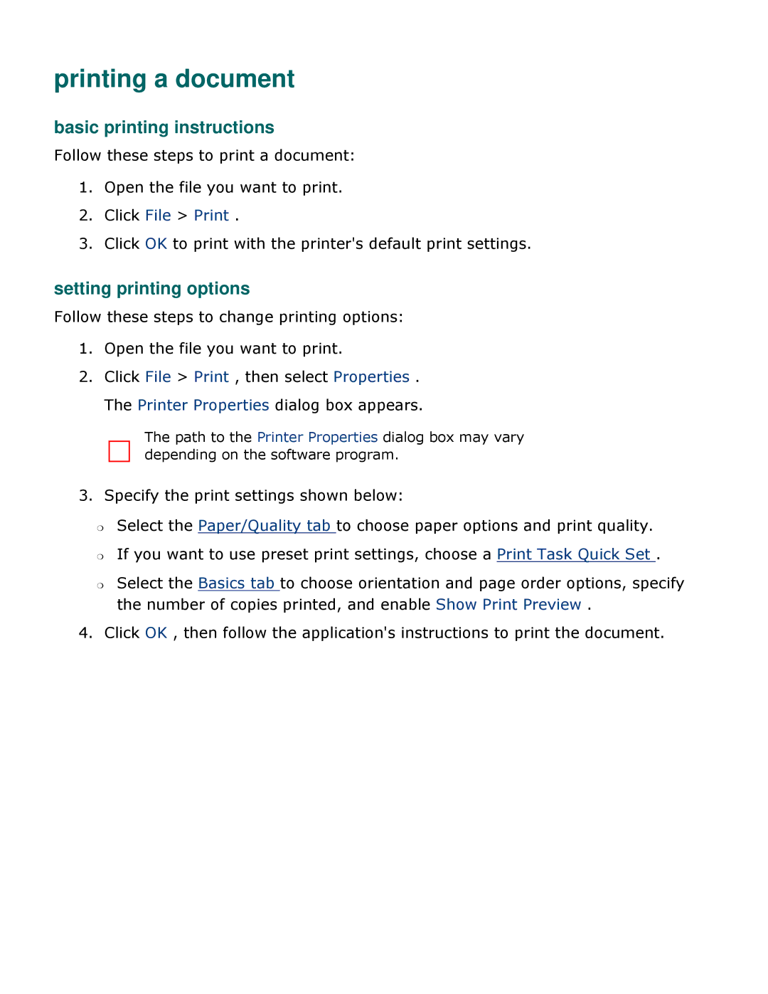 HP 3500 manual Printing a document, Basic printing instructions, Setting printing options 