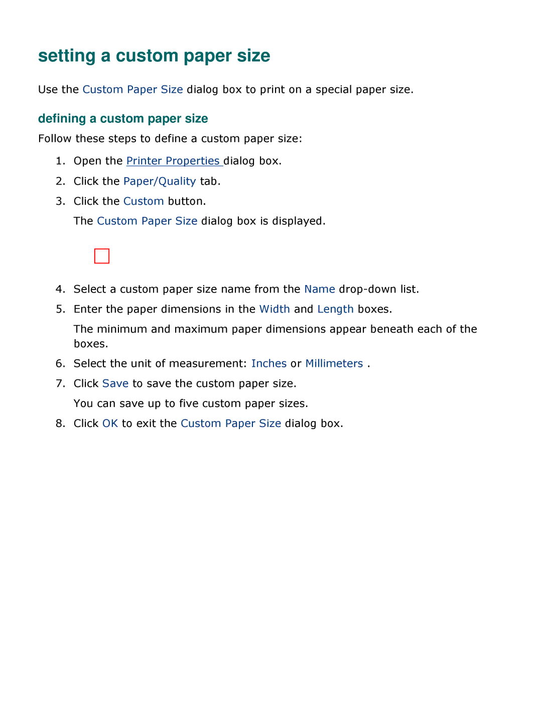 HP 3500 manual Setting a custom paper size, Defining a custom paper size 