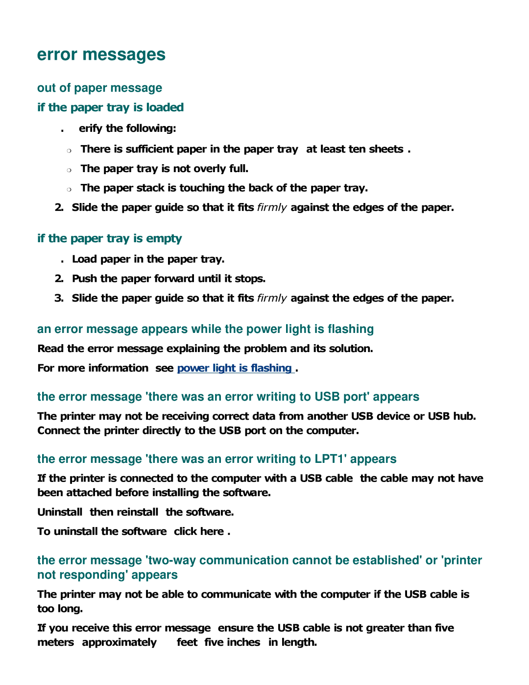 HP 3500 manual Error messages, Out of paper message, An error message appears while the power light is flashing 