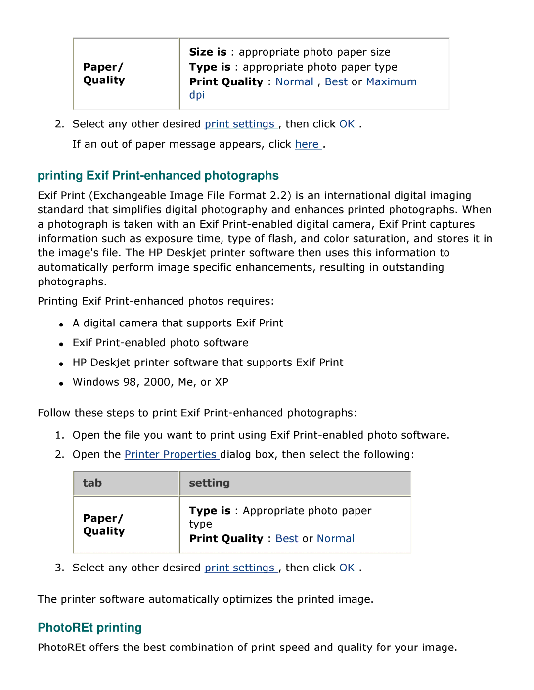 HP 3500 manual Printing Exif Print-enhanced photographs, PhotoREt printing 