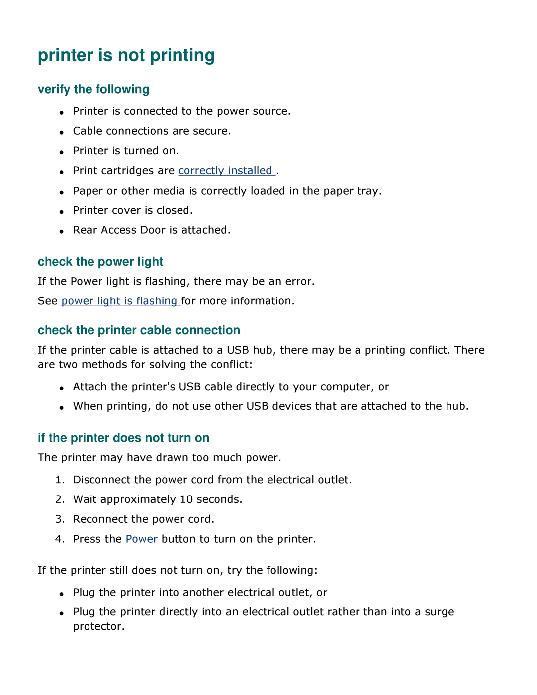 HP 3500 manual Printer is not printing, Verify the following, Check the power light, Check the printer cable connection 