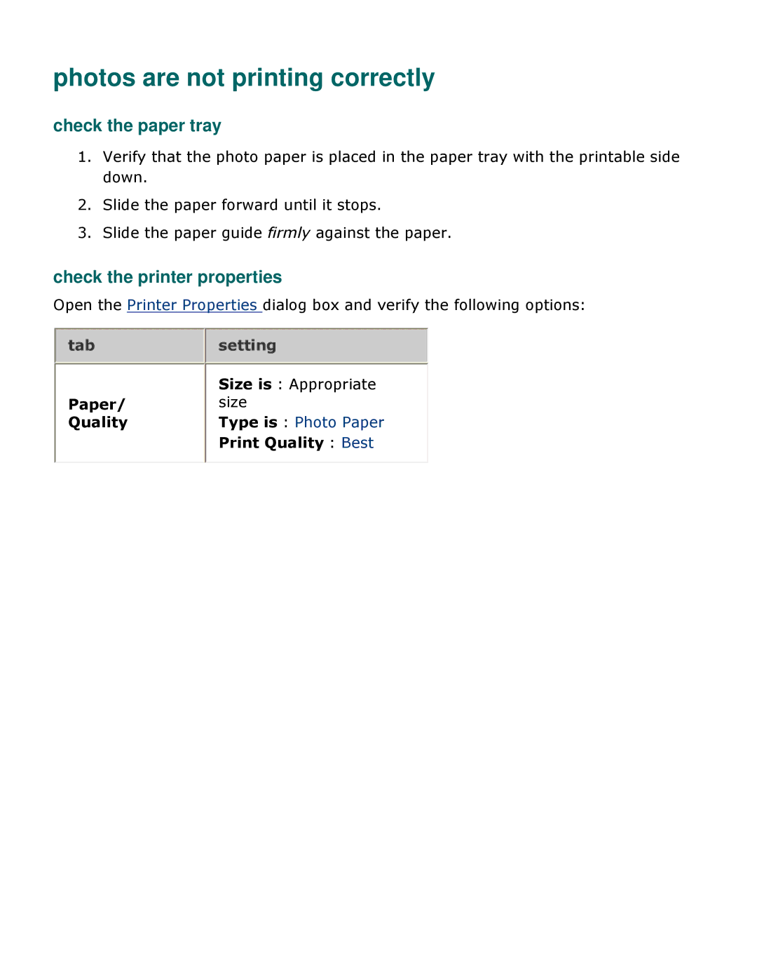 HP 3500 manual Photos are not printing correctly, Check the paper tray, Check the printer properties 