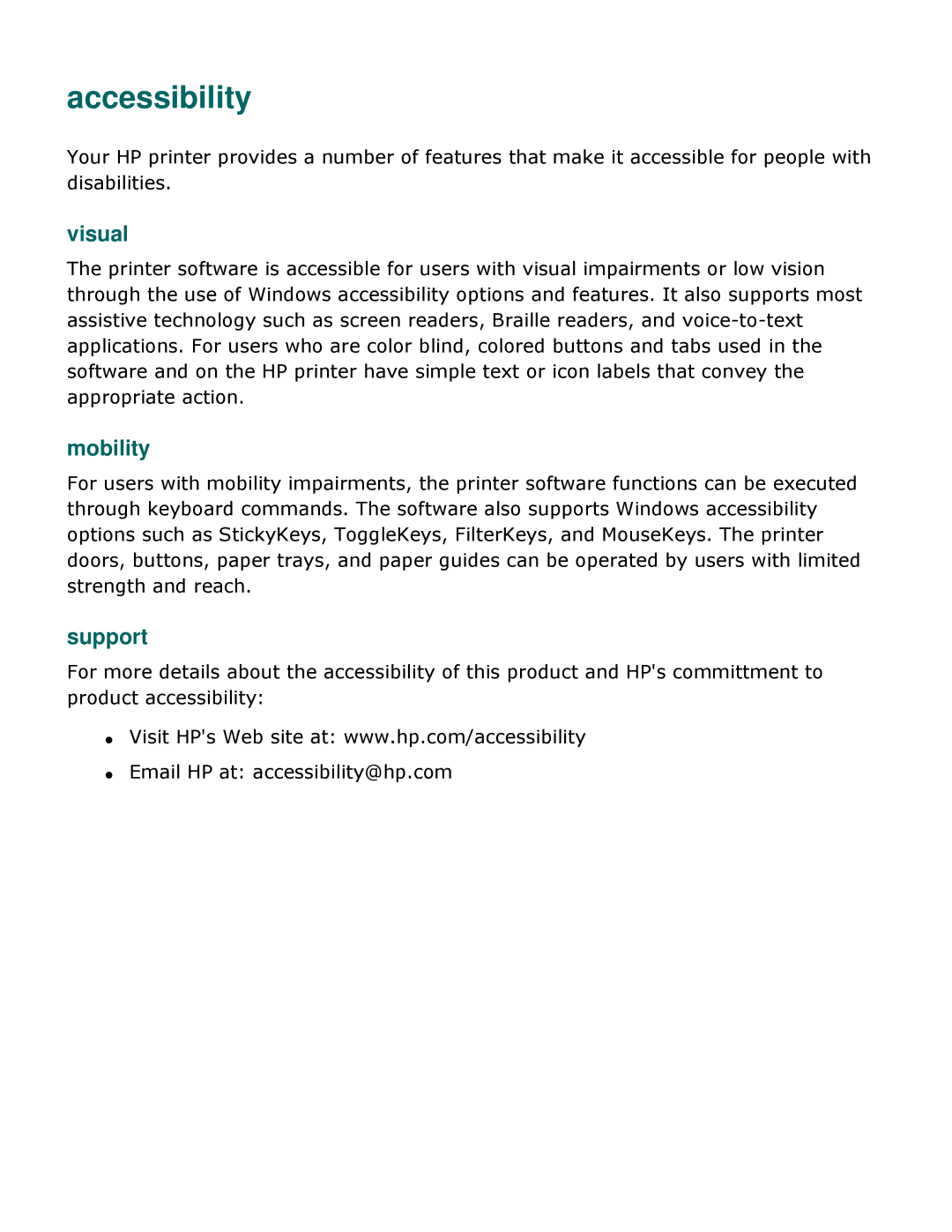 HP 3500 manual Accessibility, Visual, Mobility, Support 