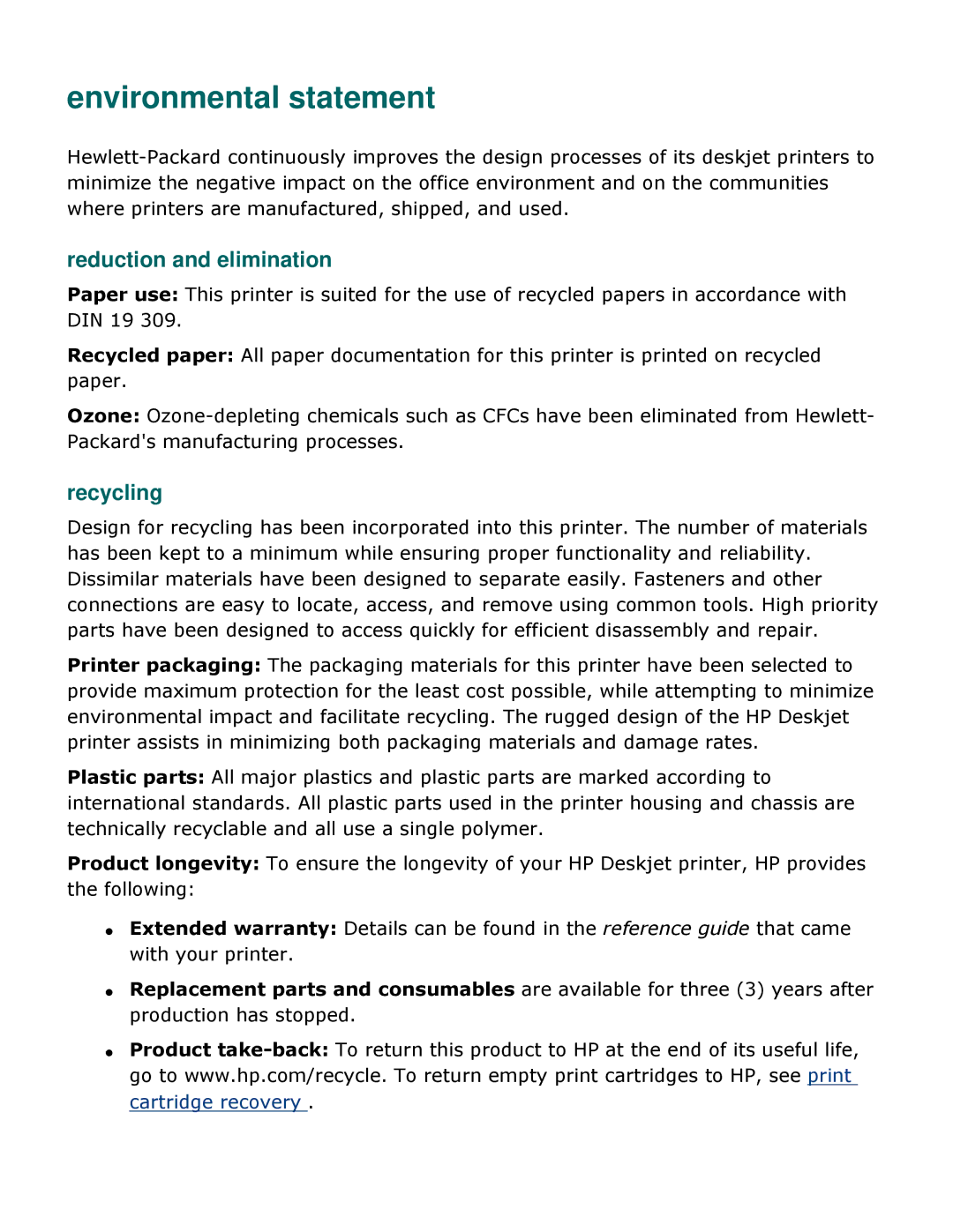 HP 3500 manual Environmental statement, Reduction and elimination, Recycling 