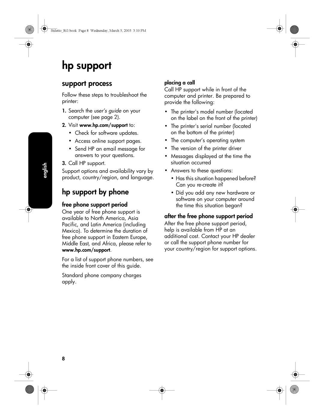 HP 3500 manual Support process, Hp support by phone 