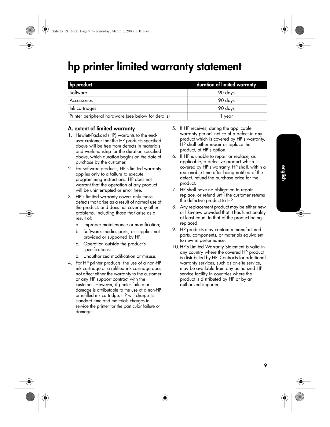 HP 3500 manual Hp printer limited warranty statement, Hp product Duration of limited warranty 