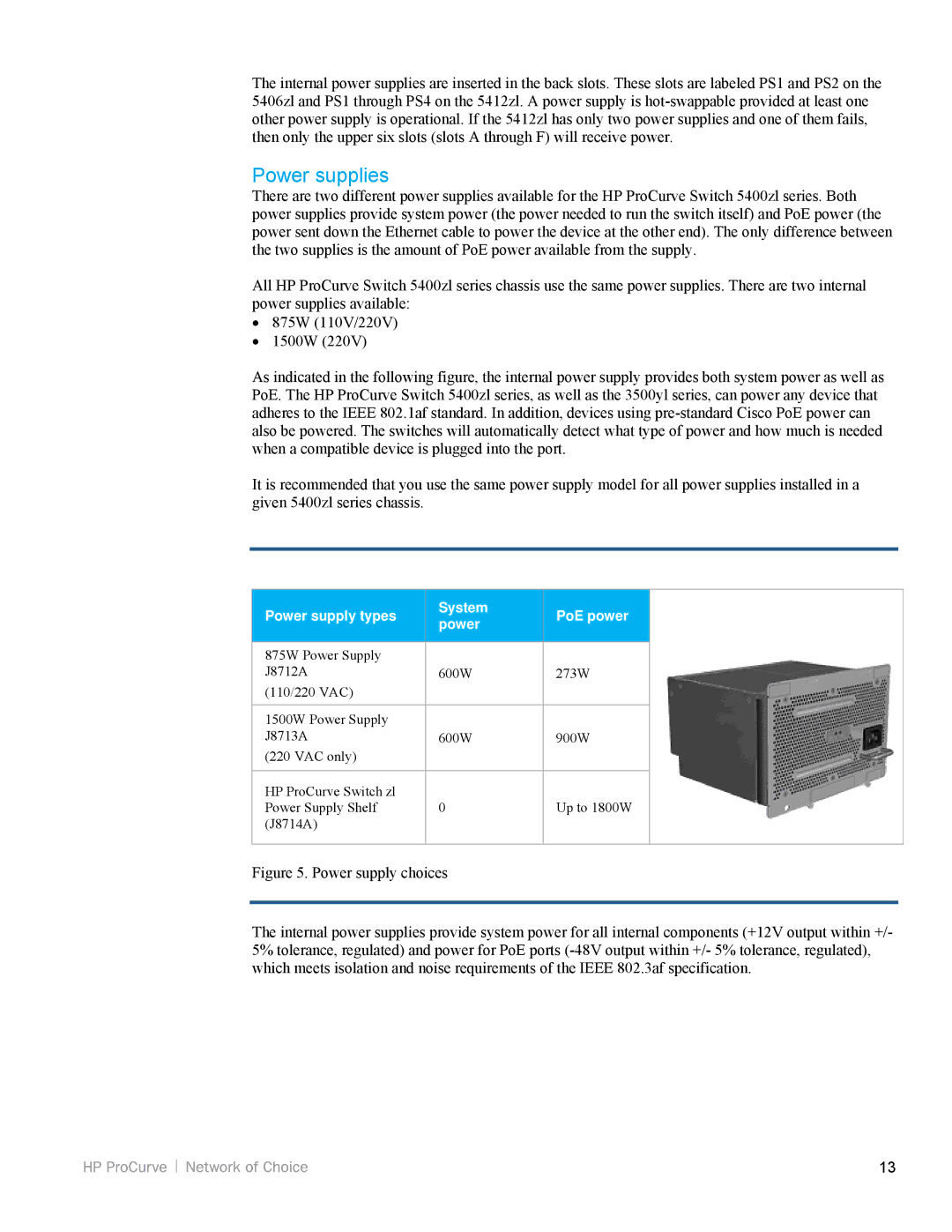 HP 5200zl, 3500yl manual Power supplies, Power supply types System PoE power 