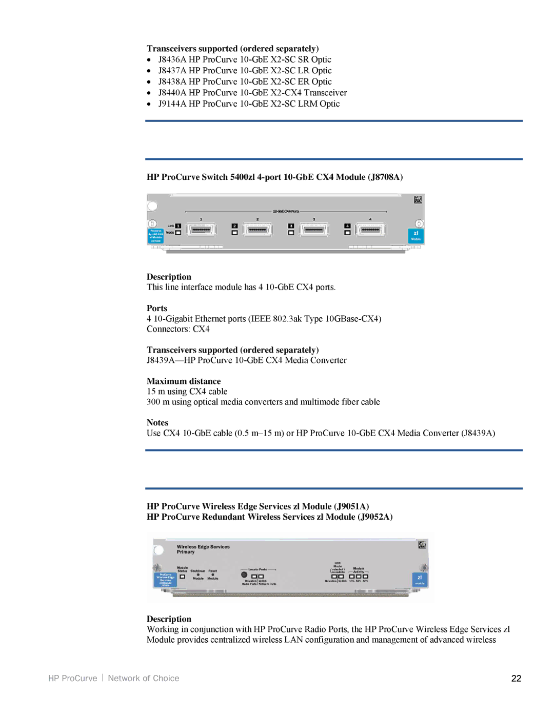 HP 3500yl, 5200zl manual Transceivers supported ordered separately, Maximum distance 