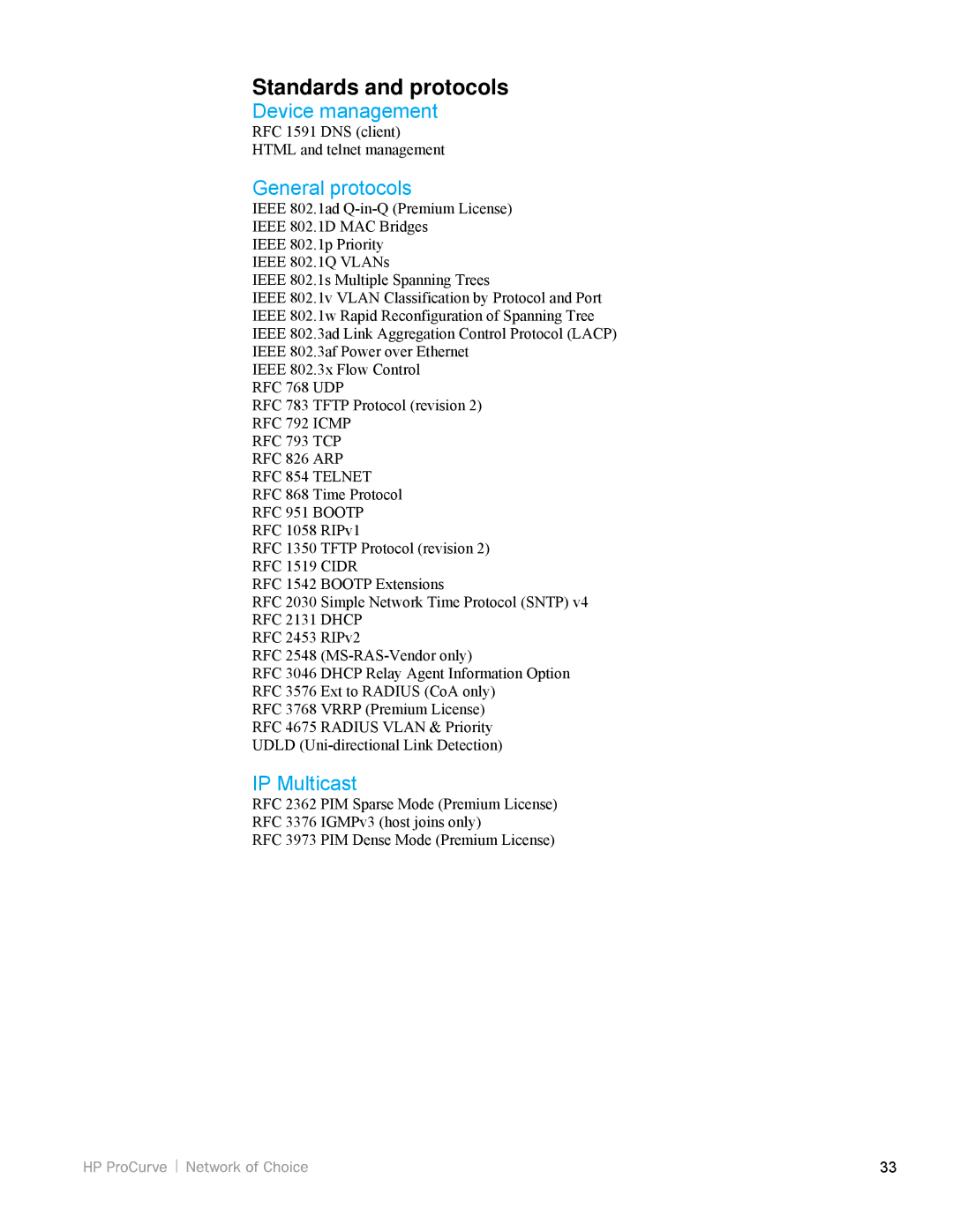 HP 5200zl, 3500yl manual Standards and protocols, Device management, General protocols, IP Multicast 