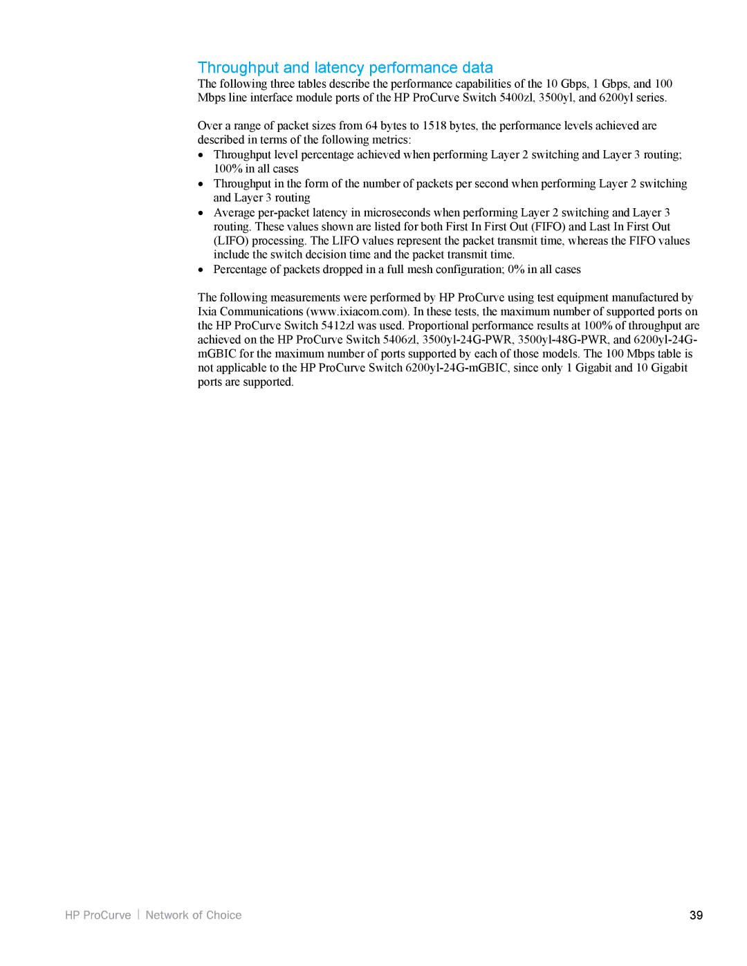 HP 5200zl, 3500yl manual Throughput and latency performance data 