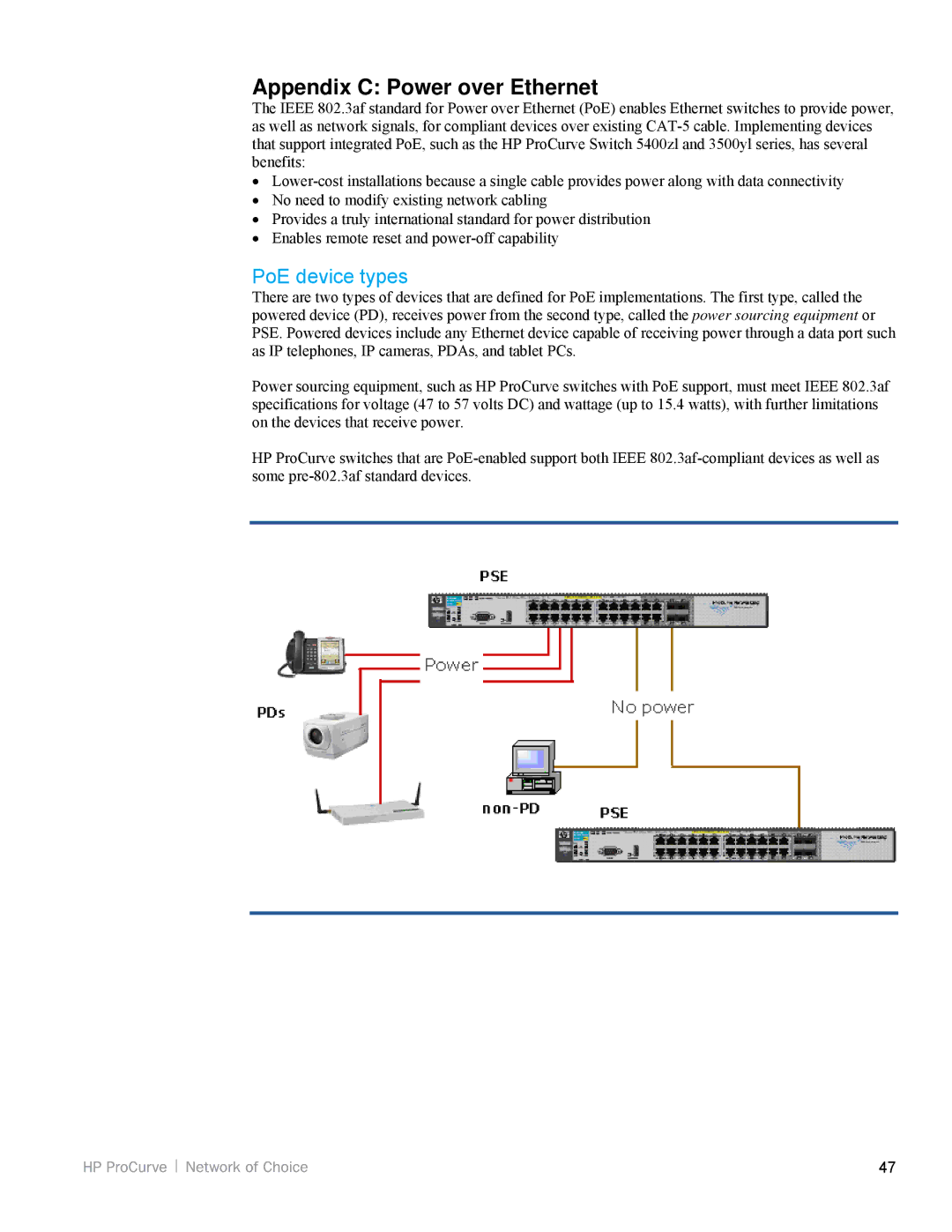 HP 5200zl, 3500yl manual Appendix C Power over Ethernet, PoE device types 