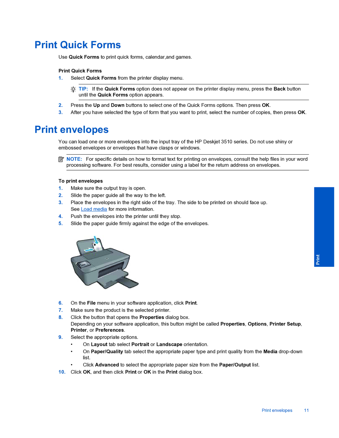 HP 3510 manual Print Quick Forms, Print envelopes, To print envelopes 