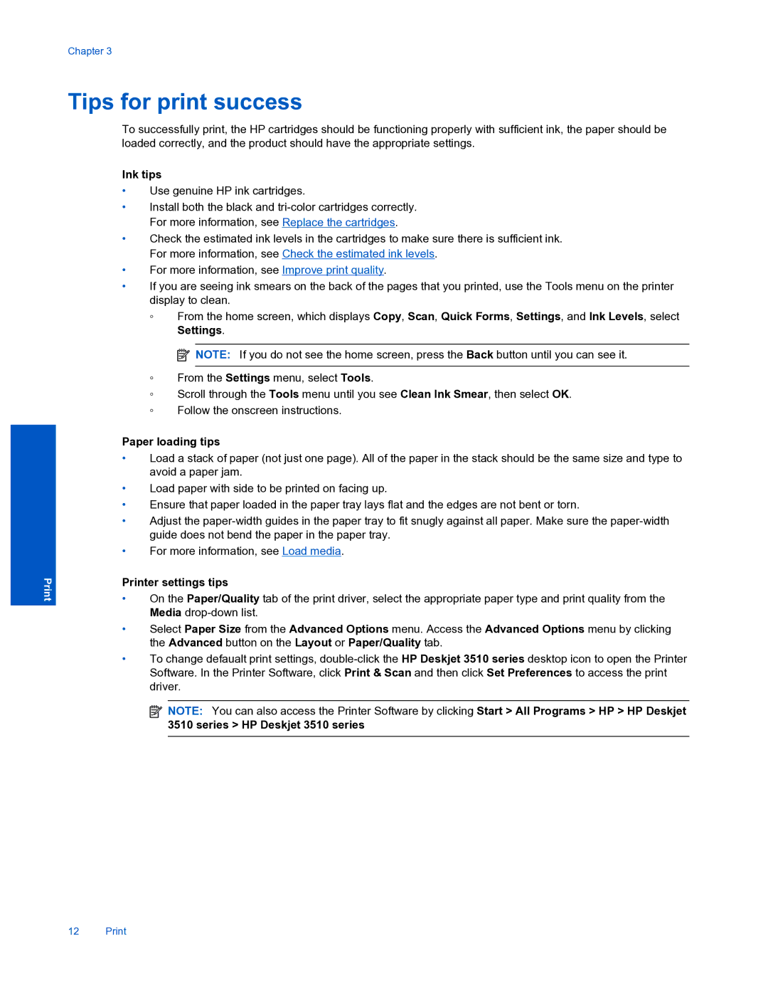 HP 3510 manual Tips for print success, Ink tips, Paper loading tips, Printer settings tips 