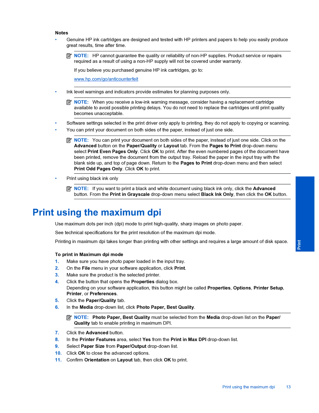 HP 3510 Print using the maximum dpi, To print in Maximum dpi mode, Media drop-down list, click Photo Paper, Best Quality 