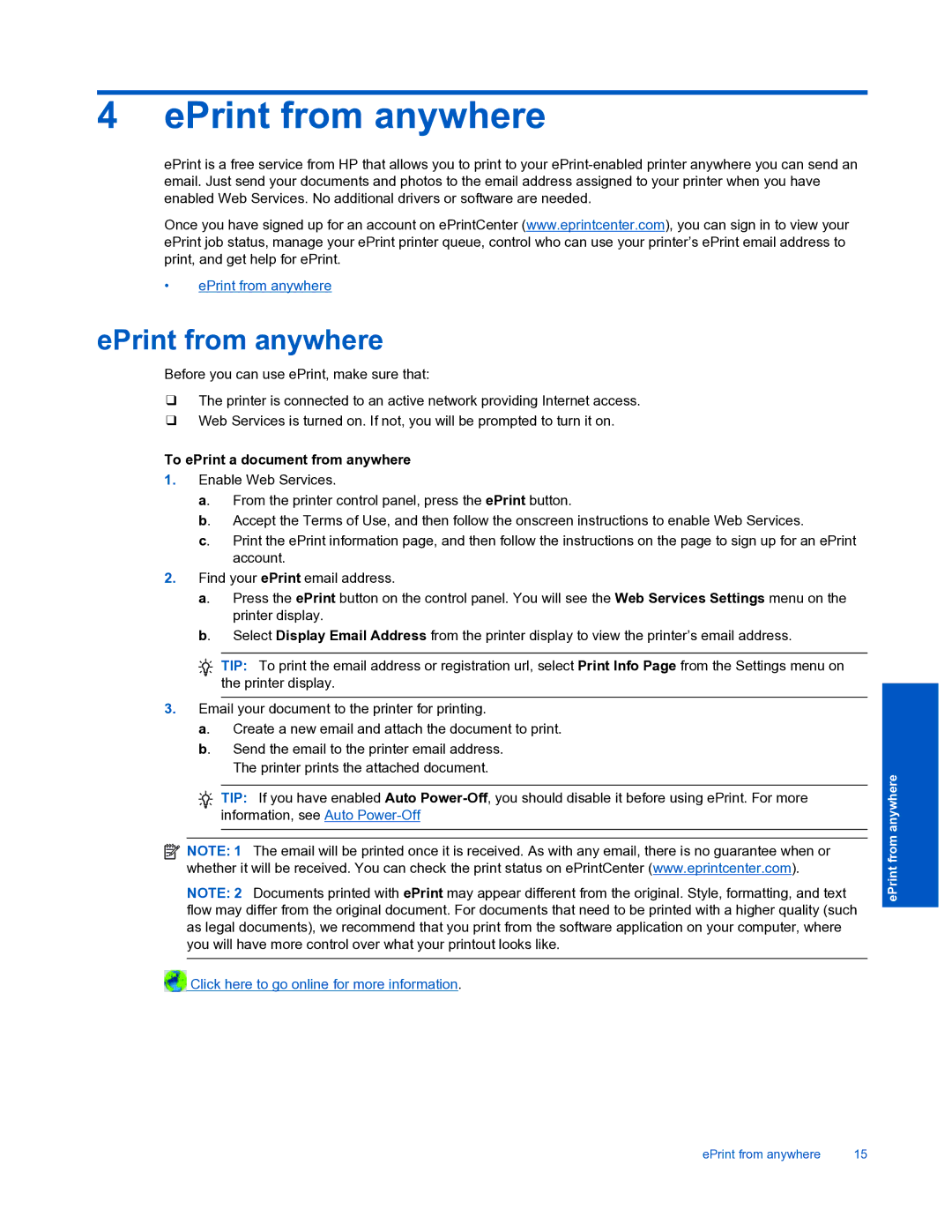 HP 3510 manual EPrint from anywhere, To ePrint a document from anywhere 