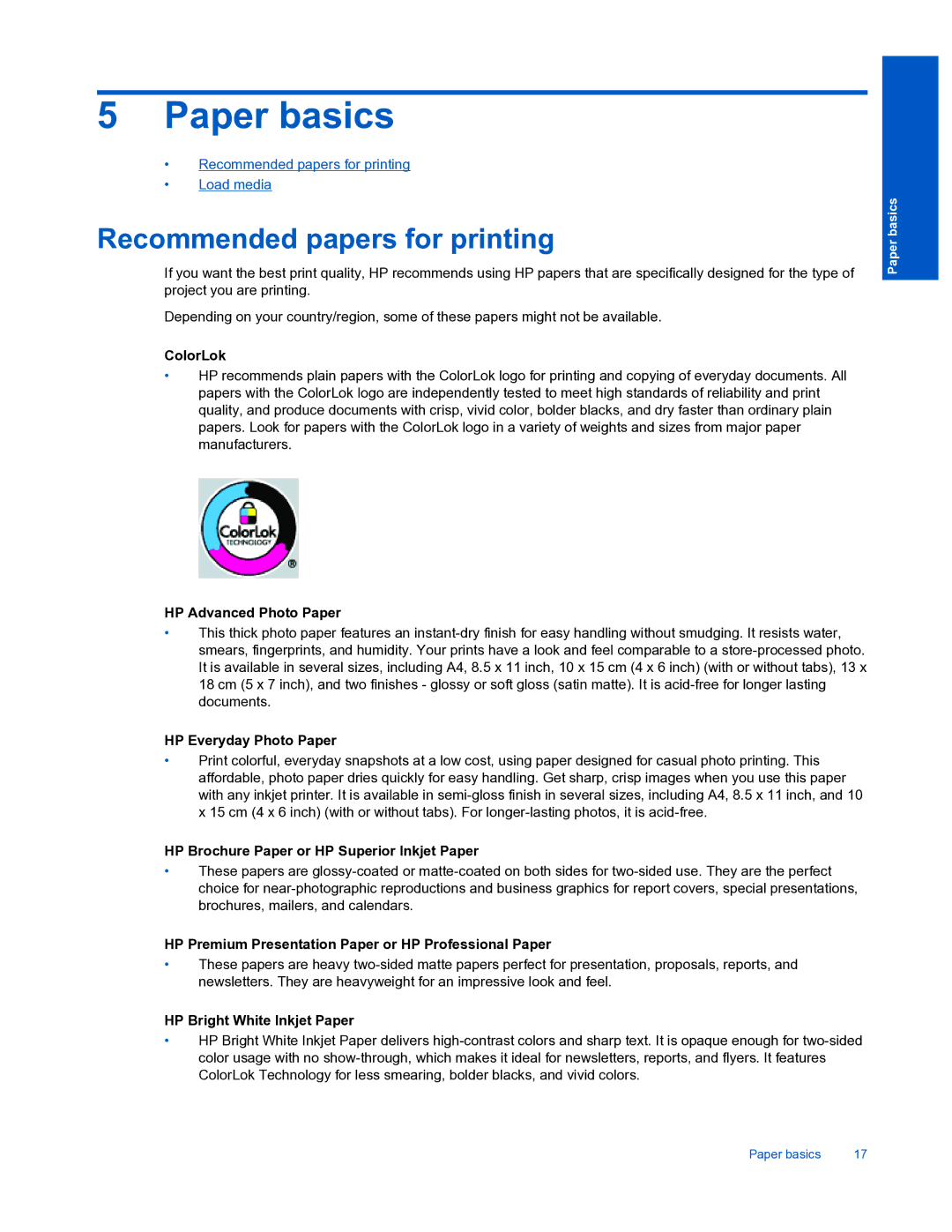 HP 3510 manual Paper basics, Recommended papers for printing 