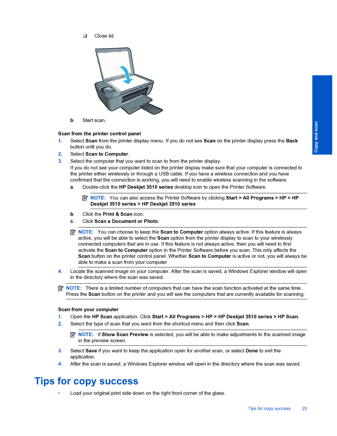 HP 3510 manual Tips for copy success, Scan from the printer control panel, Select Scan to Computer 