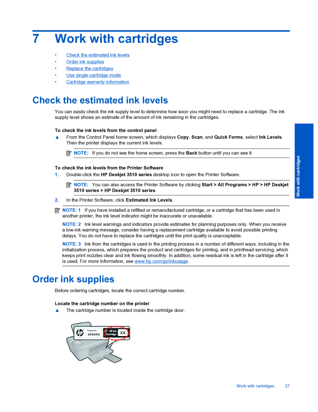 HP 3510 manual Work with cartridges, Check the estimated ink levels, Order ink supplies 